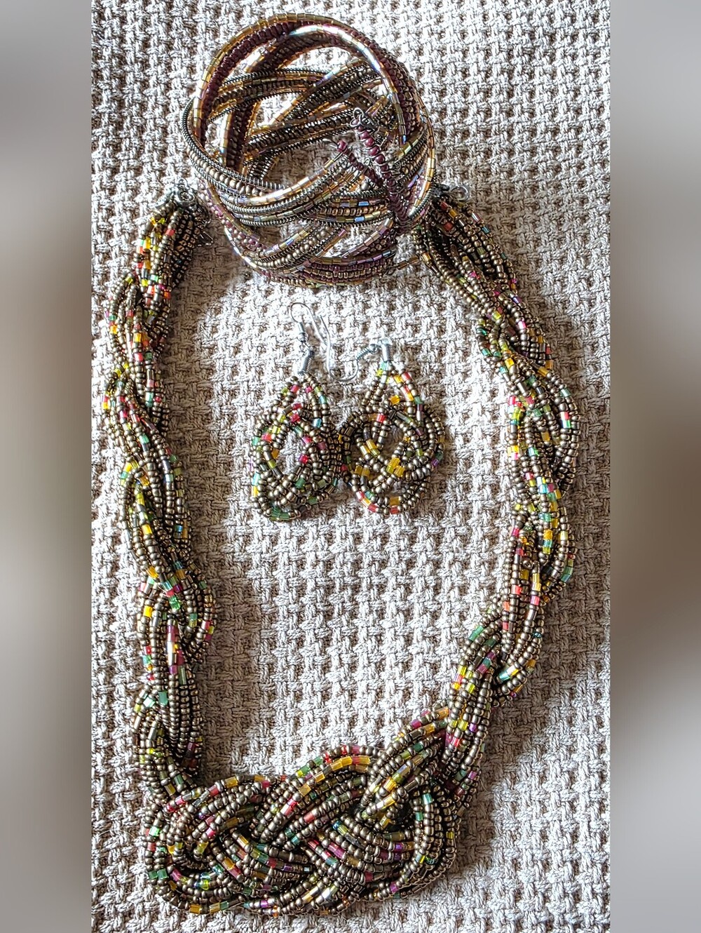 Bronze and multi-colored seed bead braided torsade Necklace, Earings, Bracelet.